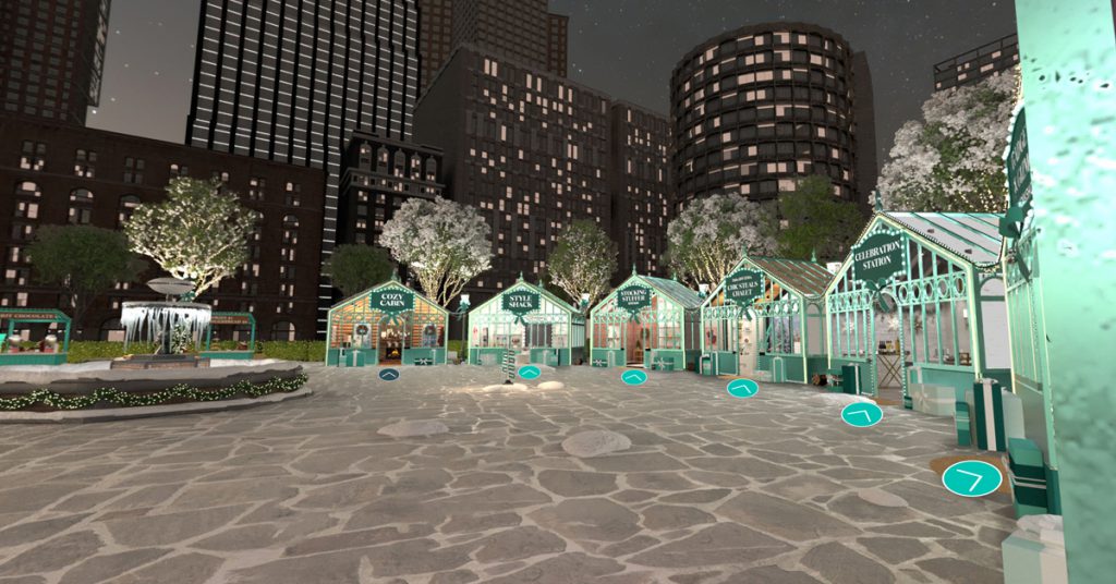 digital, reimagined, render of the infamous Bryant Park winter village hosted by theSkimm featuring glass huts to house the highlighted products