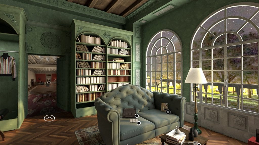 interior of a virtual store set in the library of a luxurious Italian villa