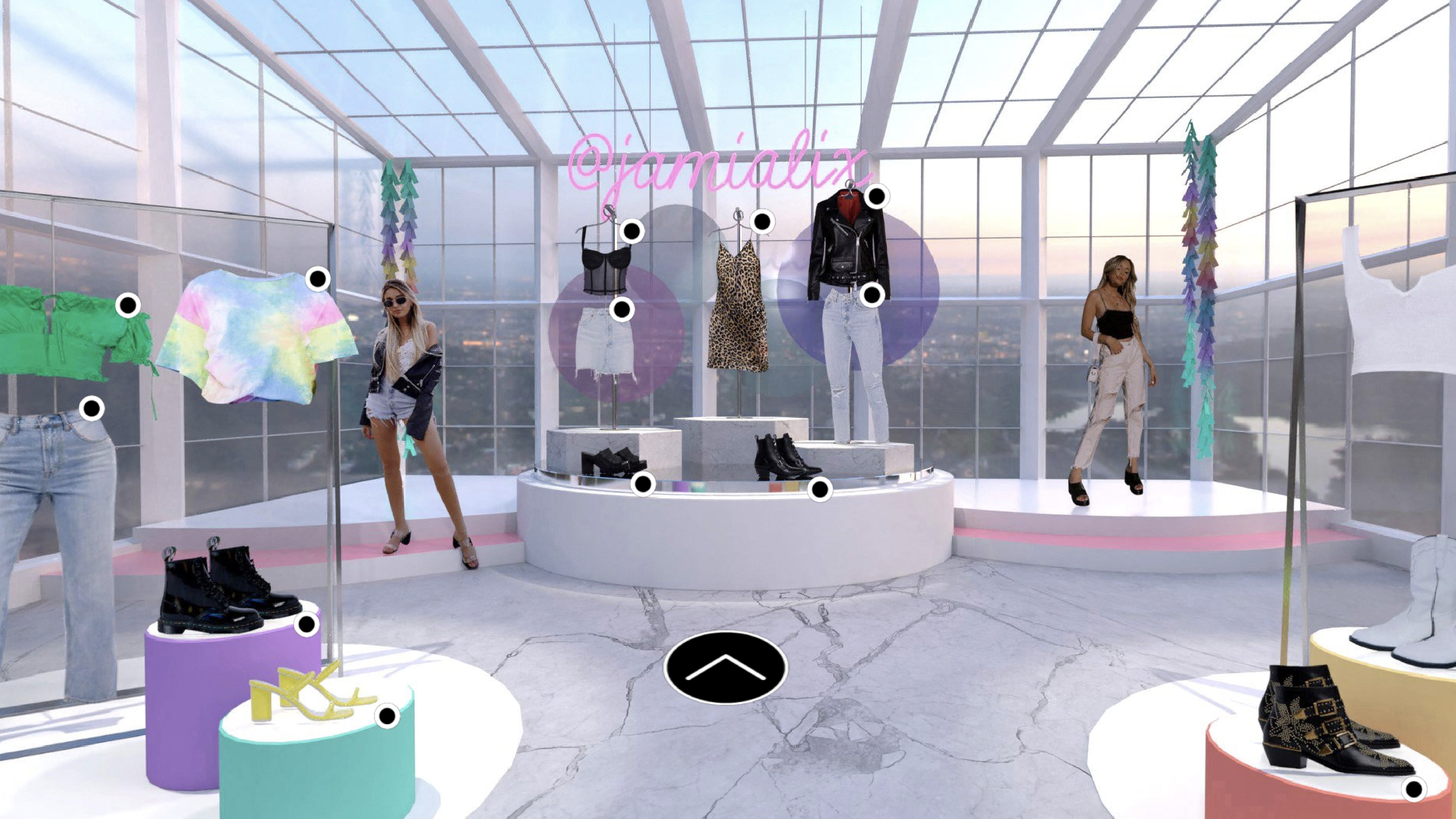 Metaverse Virtual Store that reads "Jamialix" that displays several 3D virtually rendered clothing options in a glass room. 