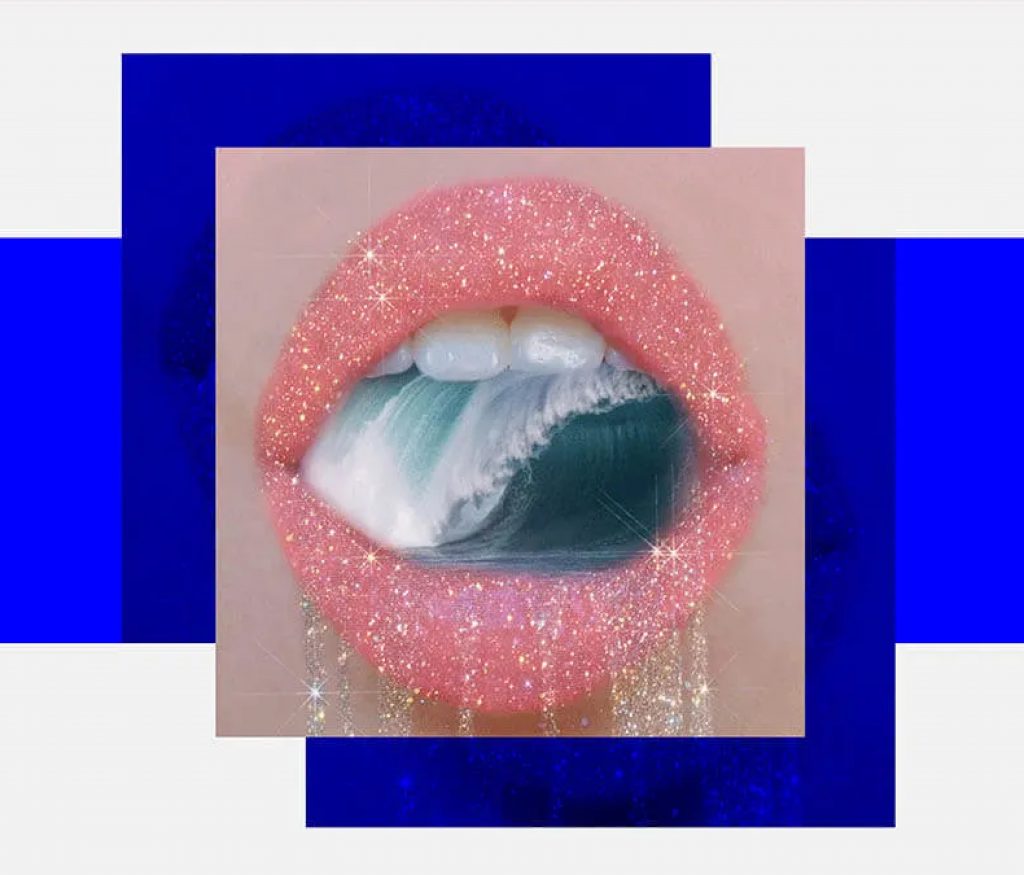 NARS Orgasm Experienced NFT, is of an ocean inside of a mouth donning glitter and pink lipstick