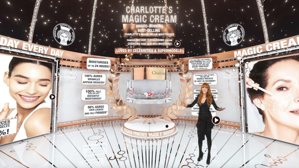 digital avatar of Charlotte Tilbury introducing users to her virtual store featuring best selling products and product content