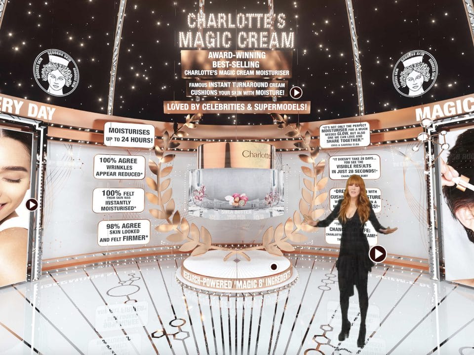 digital avatar of Charlotte Tilbury introducing users to her virtual store featuring best selling products and product content