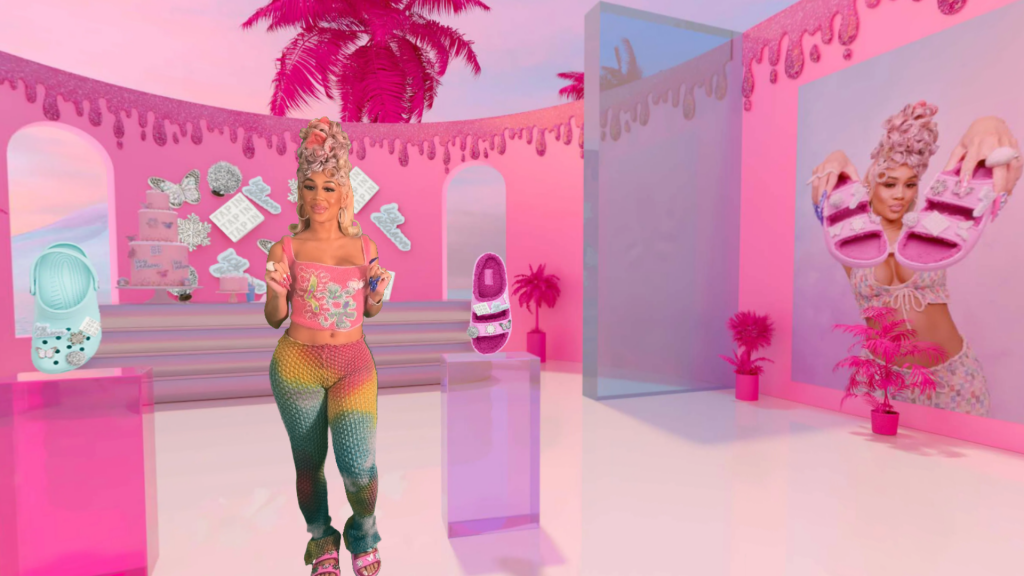 Croc's pop-up experience with rap superstar Saweetie, highlighting the limited edition products in a pink, topical themed room with exclusive content such as an avatar of Saweetie herself welcoming users to the experience