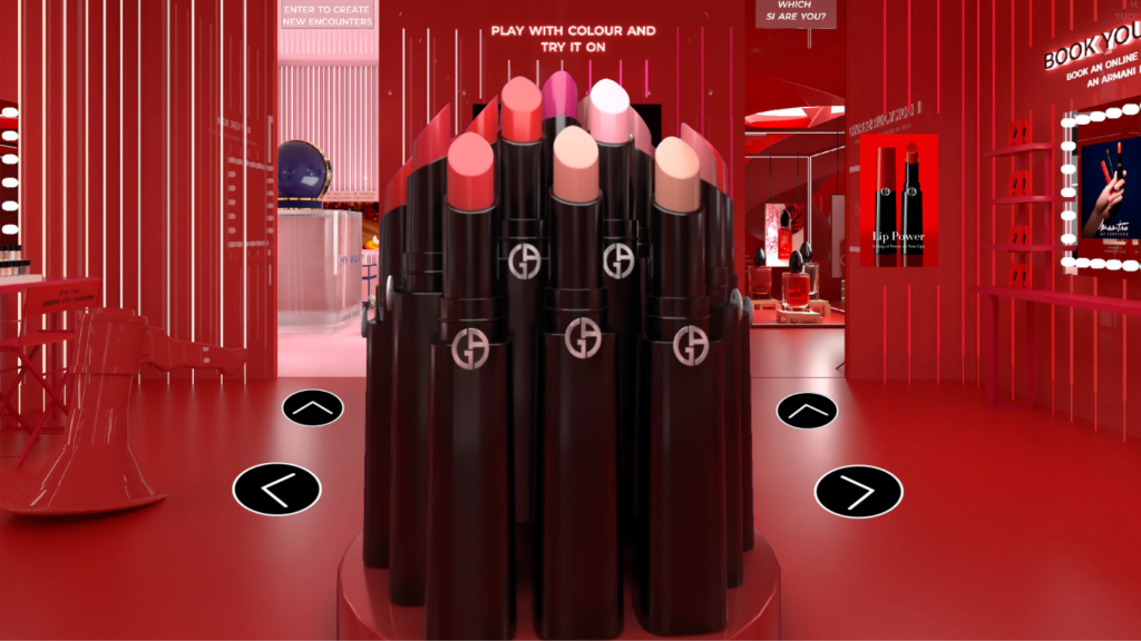 Interior of the Armani Beauty pop-up experience, The Box, set in Piccadilly Circus to promote the brand's various products and services