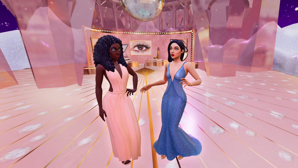 2 custom branded avatars talking to each other in a pink crystalized room