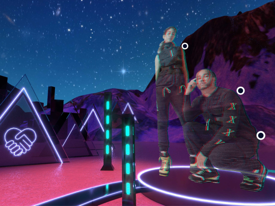virtual store set in a futuristic background with a holographic image containing shoppable products